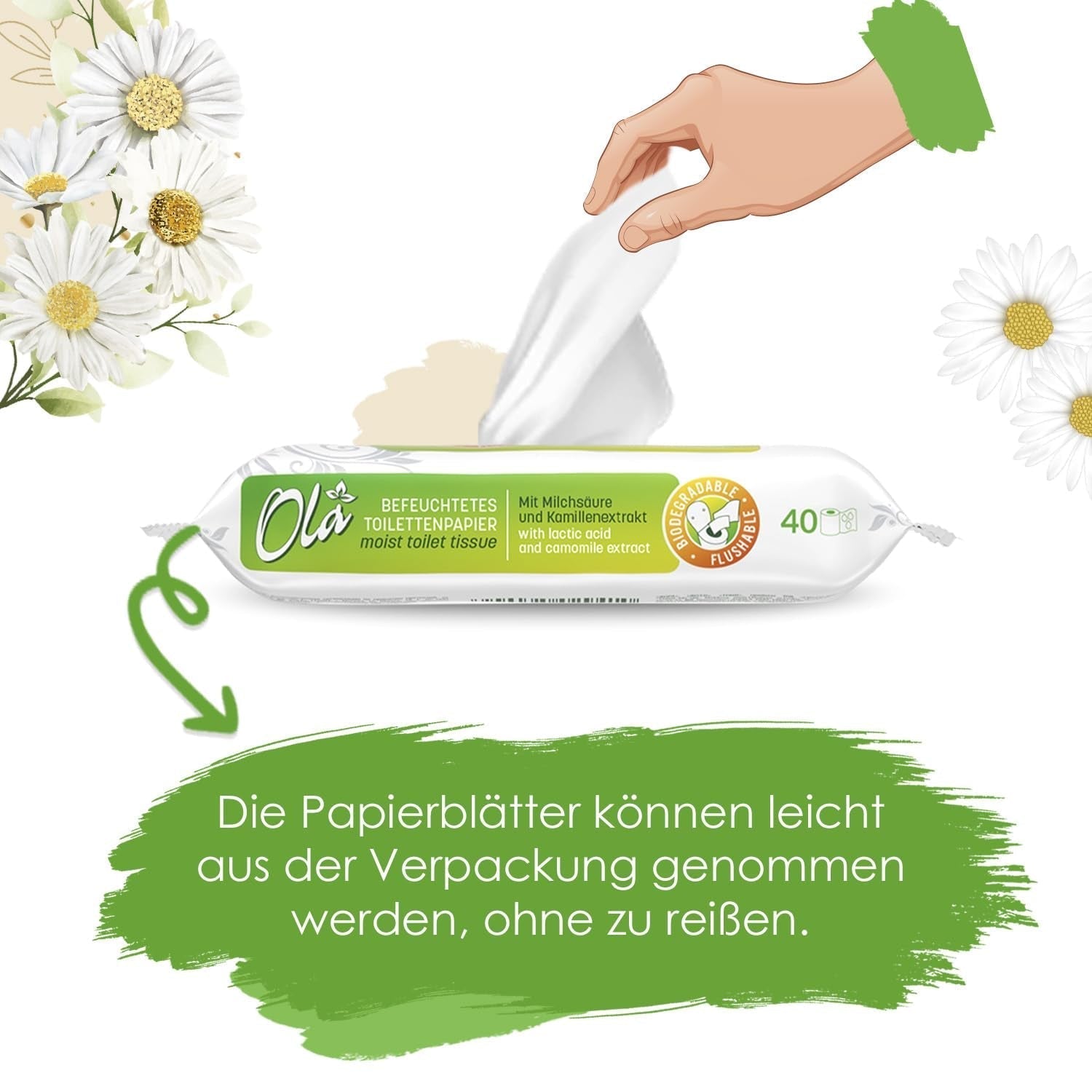 Papel higiénico húmedo OLA - (1X40 piezas) Toallitas húmedas - extracto de manzanilla y ácido láctico, lavables, piel sensible - 40 piezas