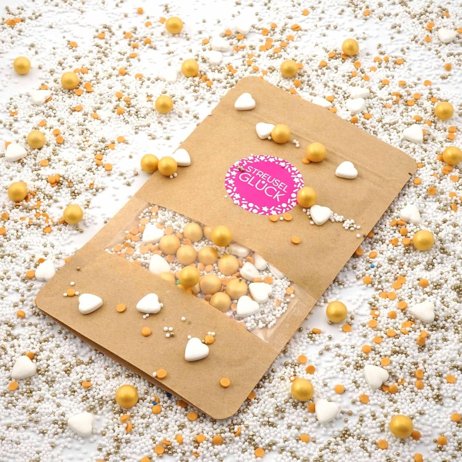 Streusel Glück, Sprinkles con corazones blancos y bolas doradas, 40 gramos Sprinkles Naty Shop