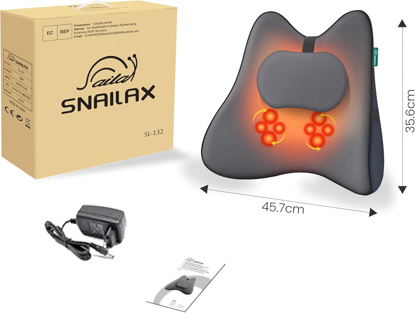 Snailax Almohada Ergonómica de Apoyo Lumbar con Masaje y Calor, Almohada de Espalda Shiatsu de Espuma Viscoelástica, Cojín de Asiento con 3 Intensidades de Masaje | 2 niveles de calor | 3 temporizadores | postura sentada cómoda