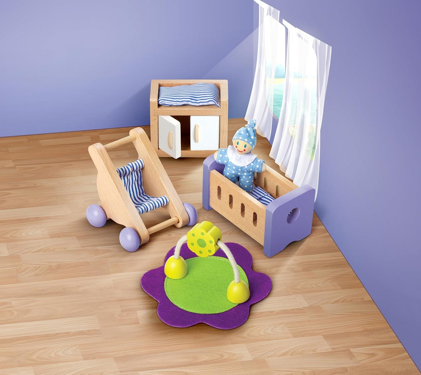 Hape Baby Room - Juego de habitación para muñecas de madera, muebles para muñecas, accesorios para casa de muñecas para niños pequeños, habitación para bebés en miniatura con columpio y accesorios, juego de rol para niños de 3 años