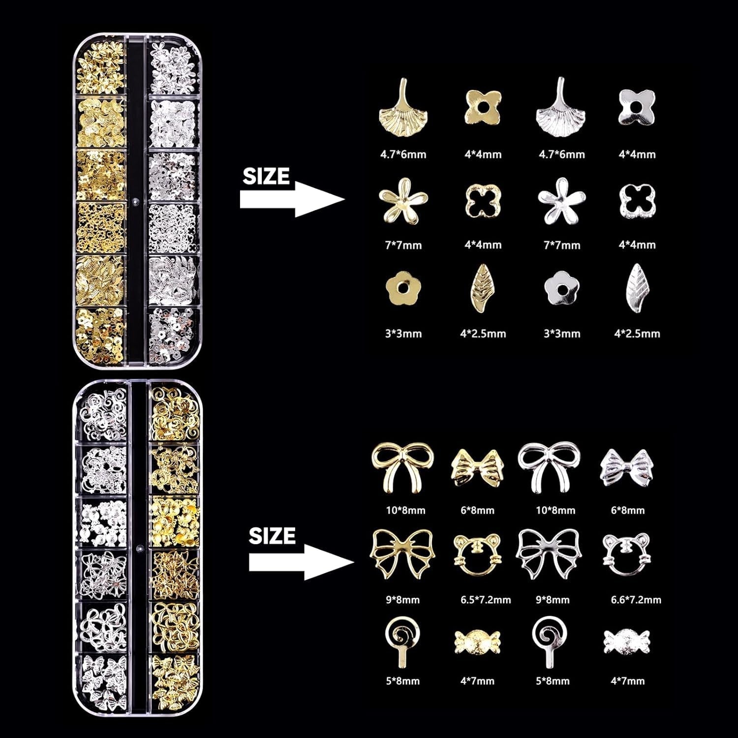 Juego de 4 cajas de llaveros para uñas - 48 tipos de llaveros para uñas 3D dorados y plateados (mariposas, flores, perlas, etc.) + pinzas y bolígrafo - Para uñas acrílicas y de gel DIY | Ideal para salón de uñas y hogar.
