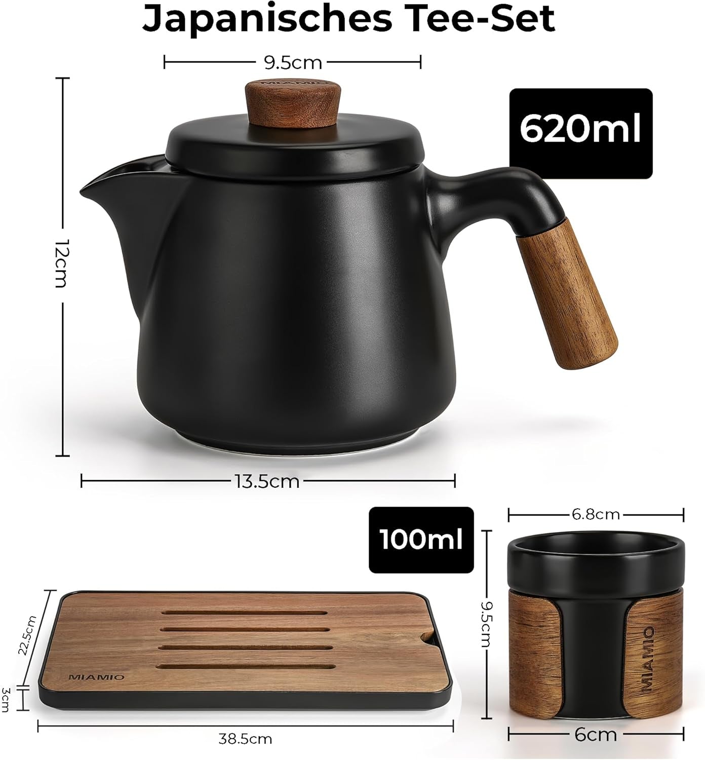 MIAMIO - Juego de Té Japonés/Chino 6 x 100ml / Tetera Asiática 620ml con Infusor de Té, Juego de Tetera Tradicional Japonesa para Amantes del Té/Hombres/Mujeres (Negro)