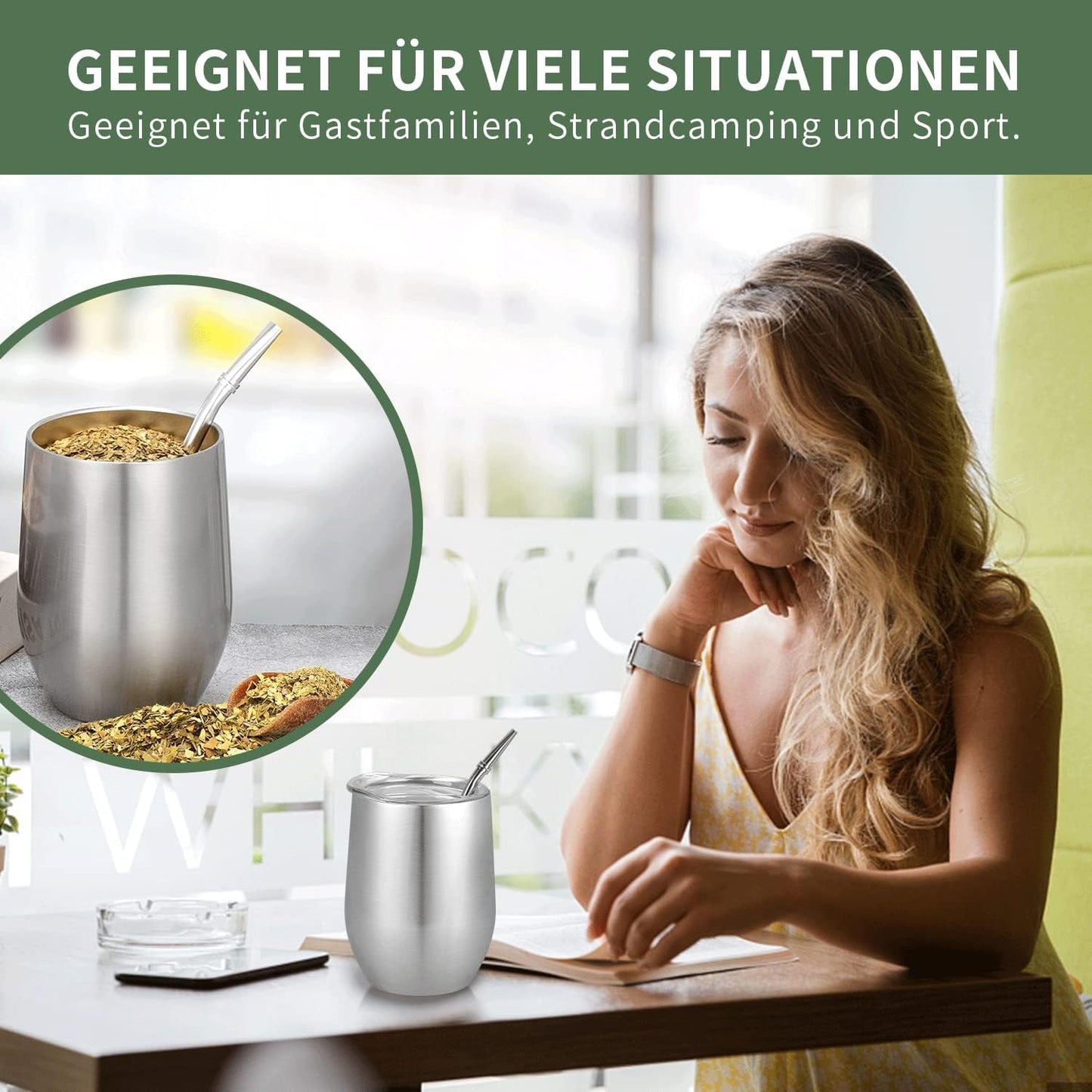 Taza Mate Moderna 340ml, Juego de Tazas de Yerba Mate de Acero Inoxidable con Doble Pared Aislante, Taza de Té Mate con Tapa Libre de BPA, Bombillas y Cepillo de Limpieza (Plata)