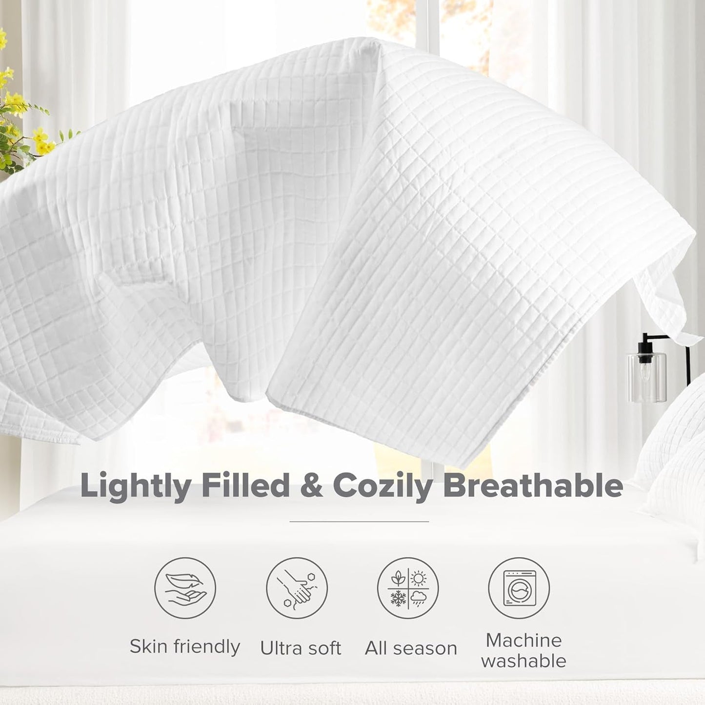 Comfort Spaces Juego de edredón Kienna, manta de verano de doble puntada, ropa de cama ligera y suave para todo el año, funda de almohada a juego, manta tamaño king blanca (264,2 x 228,6 cm) Naty Shop Edredones y edredones