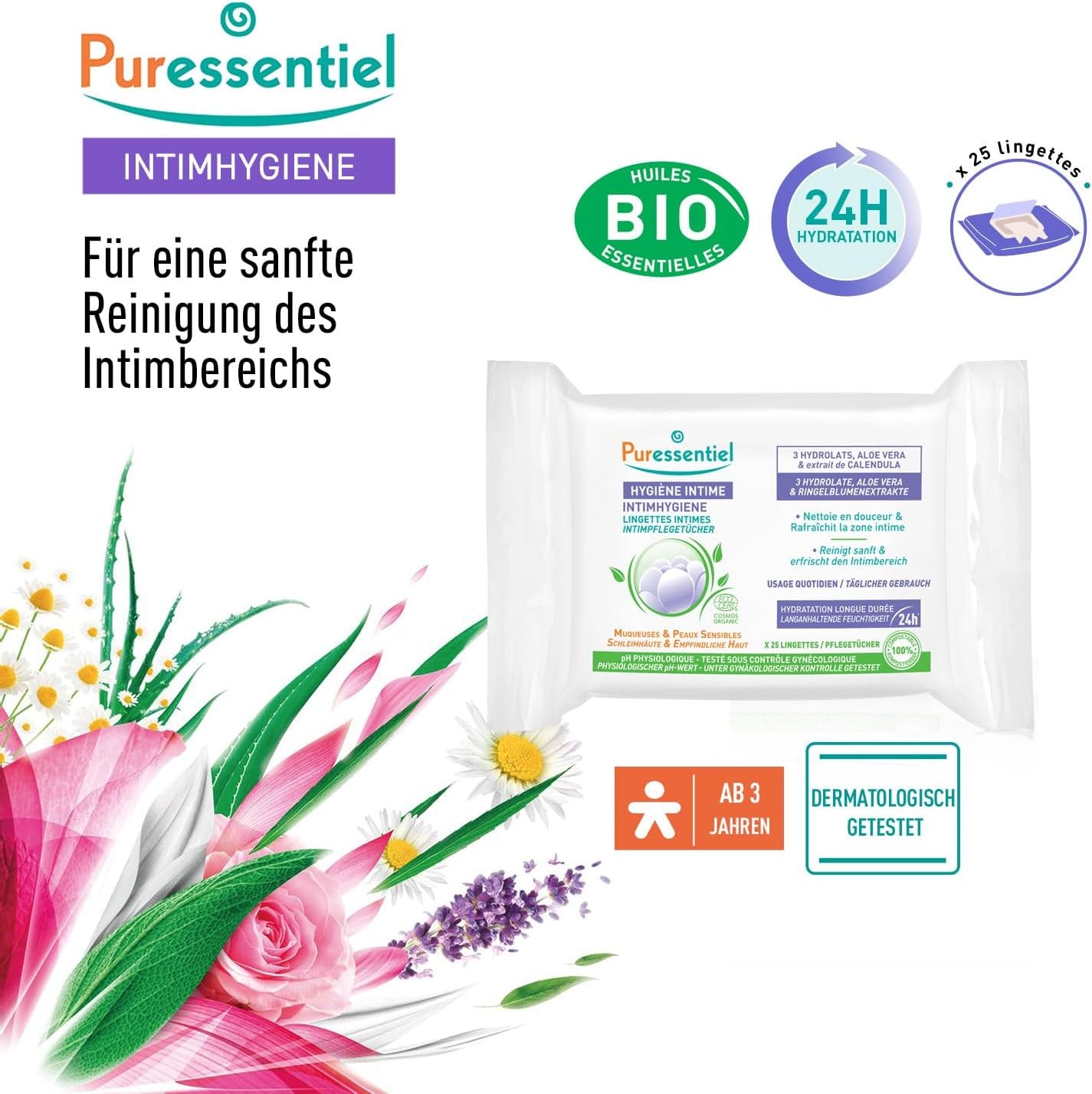 Puressentiel - Higiene íntima - Toallitas íntimas - Limpiadoras y refrescantes - Mucosas y pieles sensibles - Hidratación duradera 24 horas - Para uso diario - X25 uds.