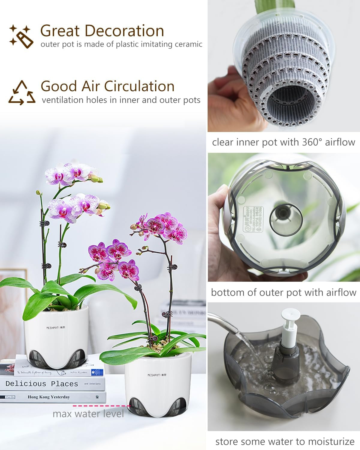 Maceta para orquídeas con orificios de drenaje para trasplantar, excelente circulación de aire, 2 piezas, plástico de doble capa, macetero de cerámica para orquídeas, maceta transparente para orquídeas, decorativa