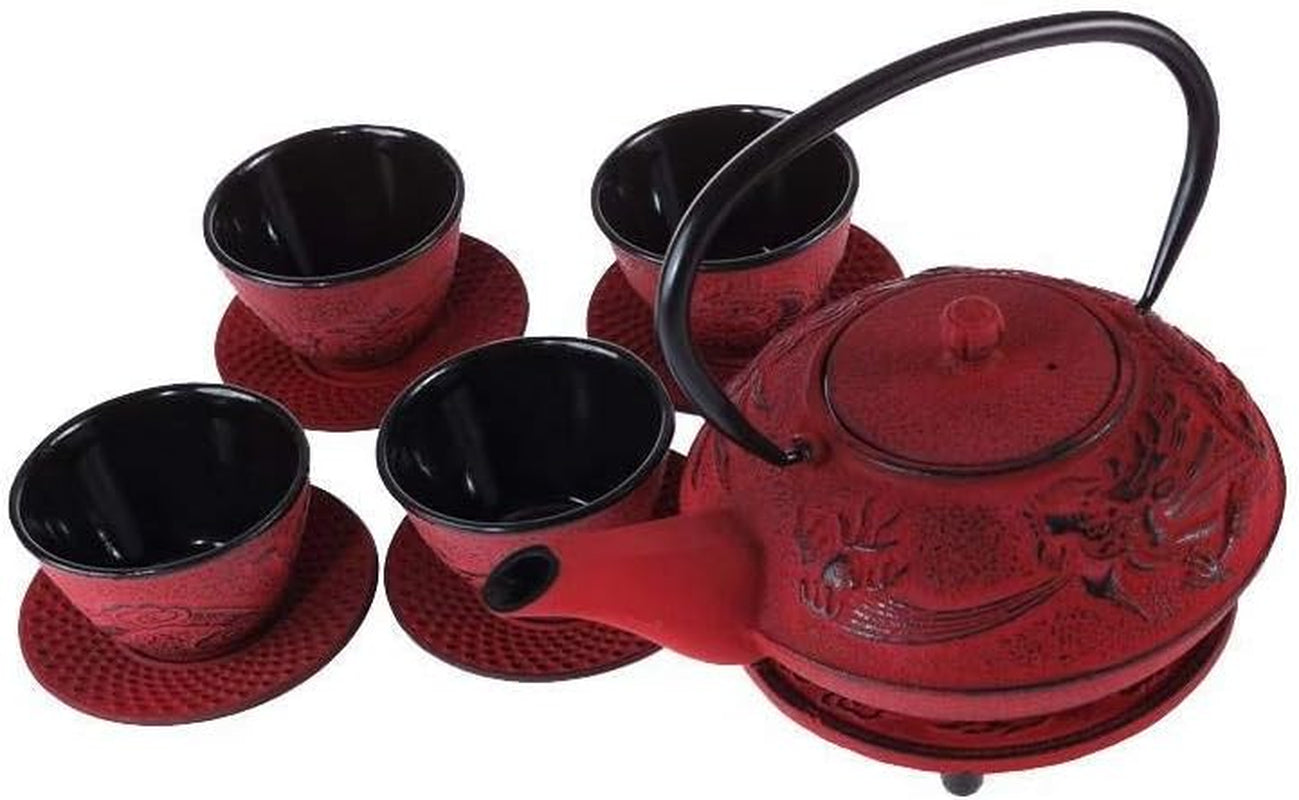 – Juego de Té Dragón Chino – 1 Tetera, 4 Tazas de Hierro Fundido y Colador de Té – Capacidad 0,8L – Decoración Asiática Japonesa – Idea de Regalo para Vajilla Japonesa – Color Rojo