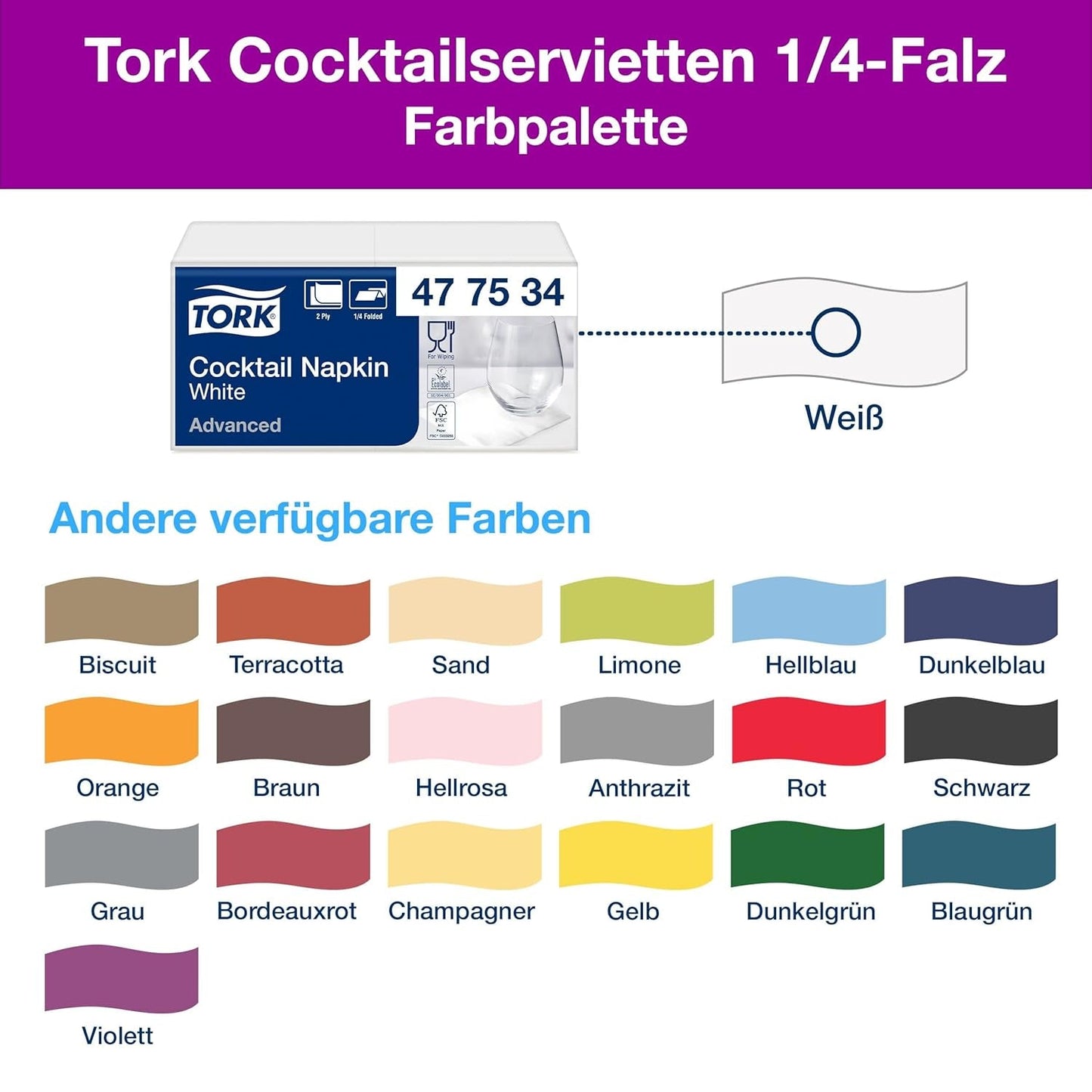 Servilletas Tork Cocktail Blancas, pliegue 1/4, 2 capas, 24 cm × 24 cm, 200 servilletas, 477534