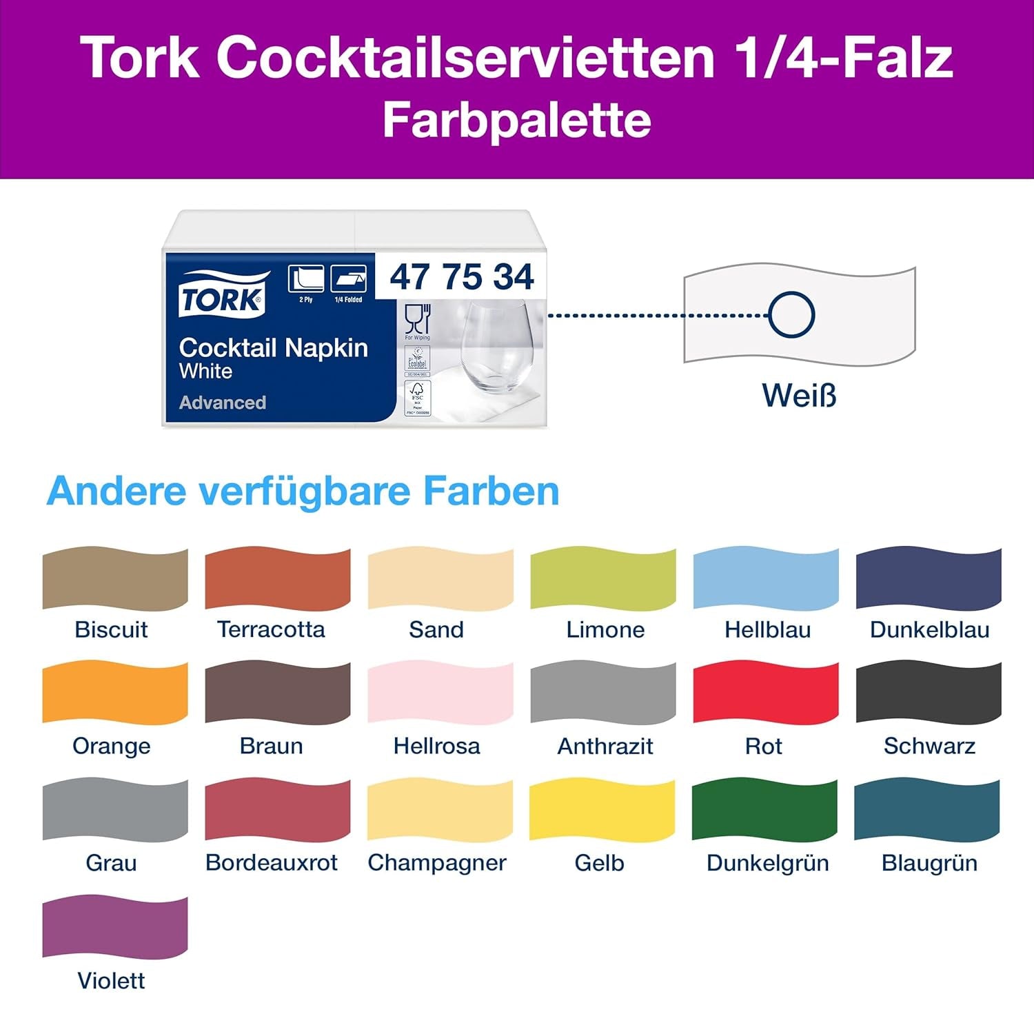 Servilletas Tork Cocktail Blancas, pliegue 1/4, 2 capas, 24 cm × 24 cm, 200 servilletas, 477534
