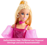 Muñeca Barbie Deluxe Style #5 con un traje rubio rosa metálico con un corpiño brillante y pantalones brillantes, con accesorios que incluyen un collar rosa y un bolso, JFP40