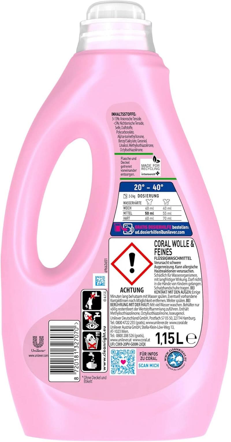 Coral detergente líquido delicado para lana y ropa delicada, 23 dosis, 1,15 litros Detergentes para ropa Naty Shop