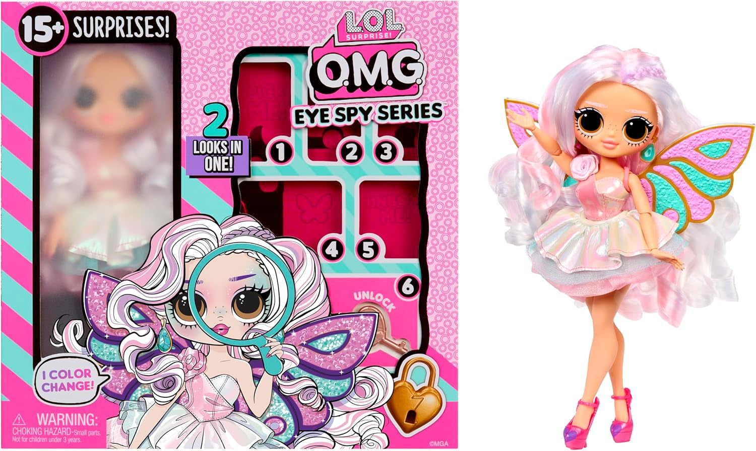 Jajaja ¡Sorpresa! Serie OMG Eye Spy - Hada - Incluye 1 muñeca con atuendo y accesorios, resolución de acertijos y descubrimiento sorpresa, 4 muñecas coleccionables