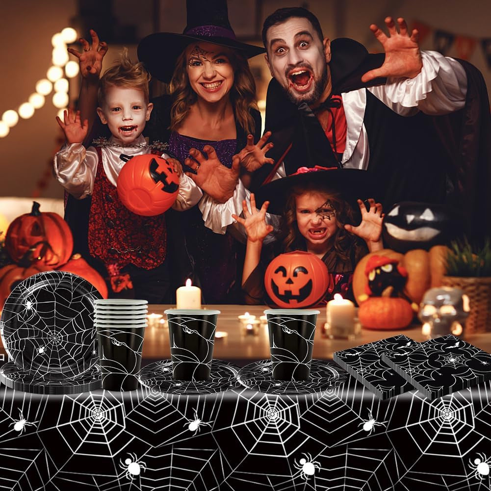 Juego de cubiertos de papel de araña de Halloween de 49 piezas que incluye platos, servilletas, vasos y mantel. Vajilla negra con platos de postre, servilletas y vasos.