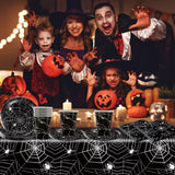Juego de cubiertos de papel de araña de Halloween de 49 piezas que incluye platos, servilletas, vasos y mantel. Vajilla negra con platos de postre, servilletas y vasos.