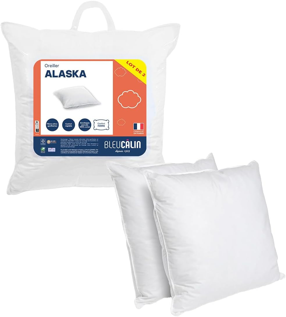 Azul Câlin Juego de 2 Almohadas Confort Firme "Alaska", Súper Relleno, Sobre 100% Percal de Algodón, Blanco, Forma Cuadrada 65 X 65 cm Naty Shop Almohadas Estándar