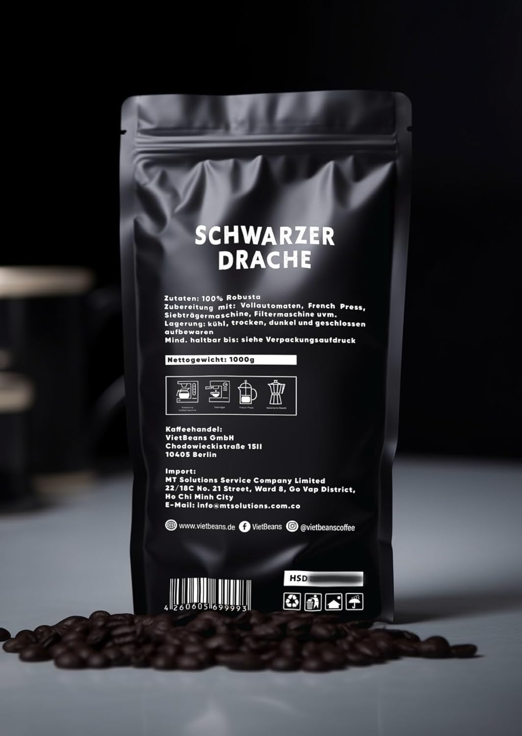 Black Dragon Espresso 100% Robusta - Café en grano tostado extra fuerte - Café muy fuerte y con mucho cuerpo y alto contenido en cafeína - Espresso muy fuerte
