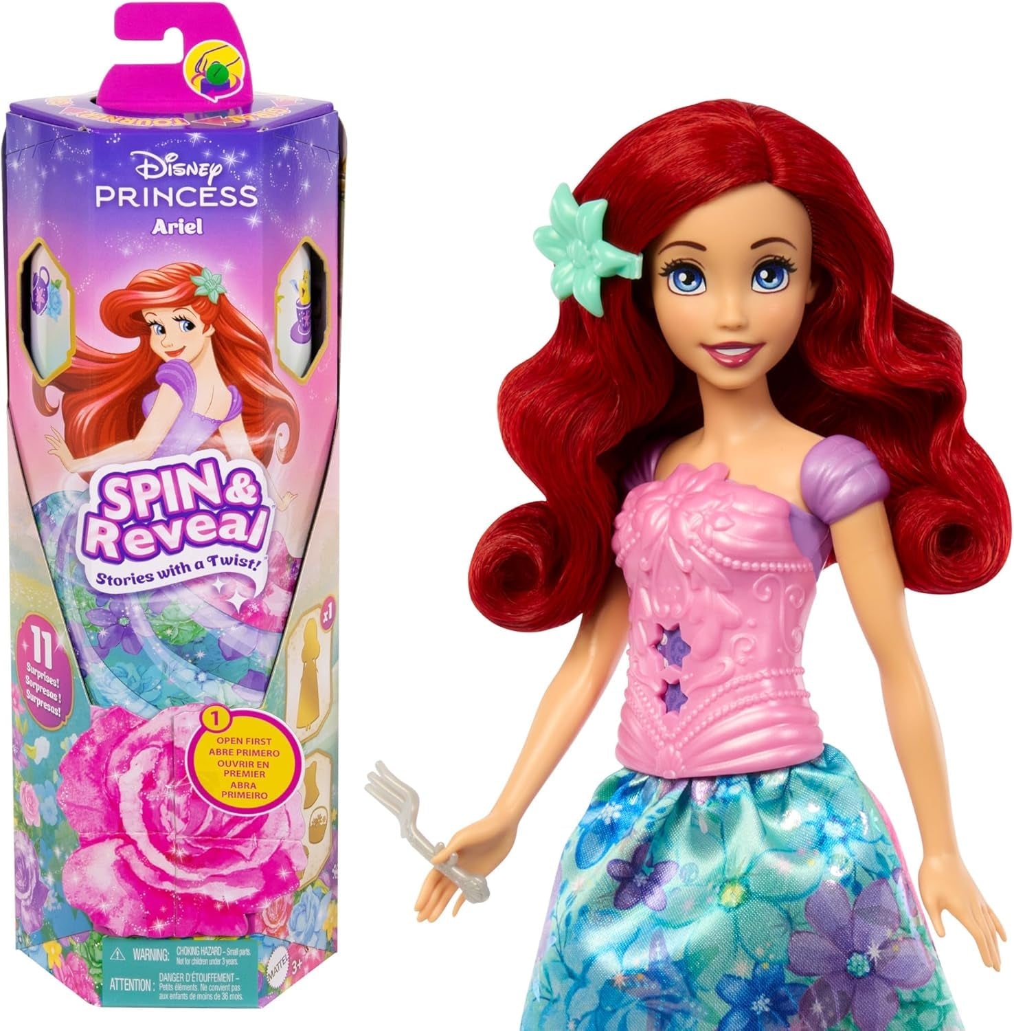 Mattel Disney Princess Ariel Spin & Reveal Fashion Doll Set con 11 sorpresas, incluidos 5 accesorios, 5 pegatinas y una escena de juego inspirada en la película HTV88
