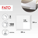 , Servilletas de papel desechables, ideales para aperitivos y cócteles, paquete de 100 servilletas, tamaño 24X24, 4 pliegues, 2 capas, blanco, papel de celulosa 100% pura, certificado Fsc (paquete de 6)