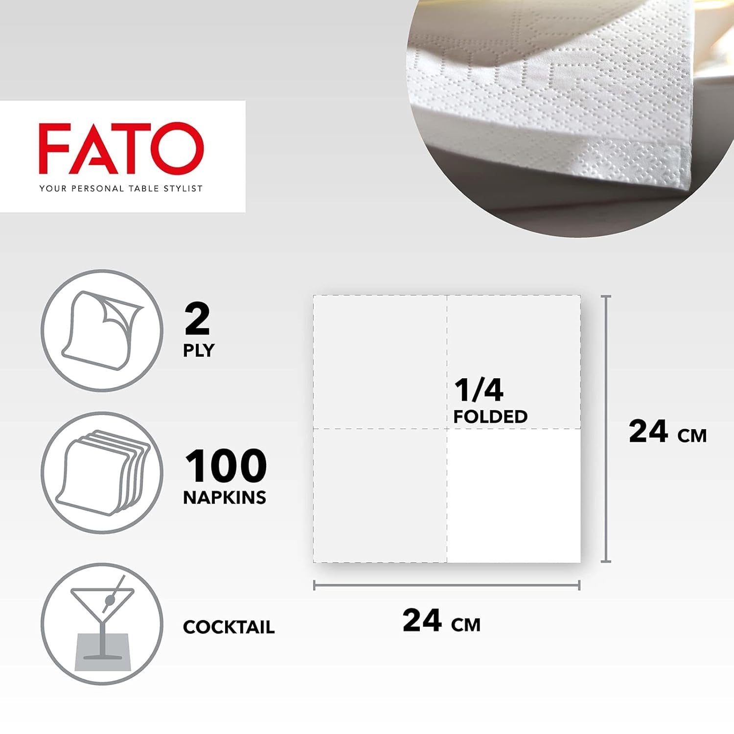 , Servilletas de papel desechables, ideales para aperitivos y cócteles, paquete de 100 servilletas, tamaño 24X24, 4 pliegues, 2 capas, blanco, papel de celulosa 100% pura, certificado Fsc (paquete de 6)