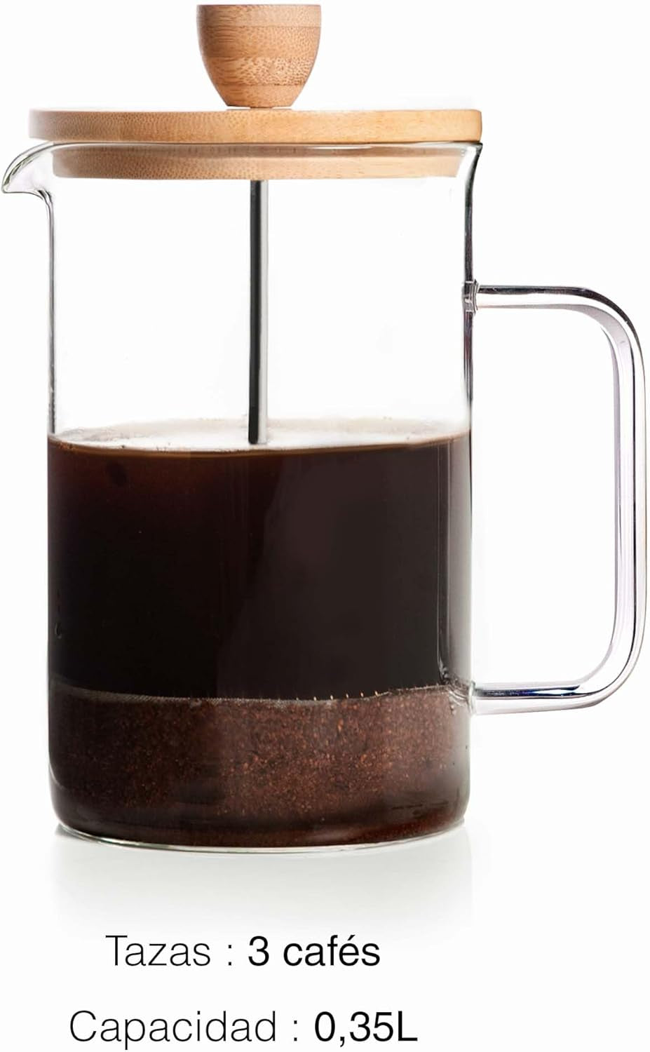 - Cafetera francesa, prensa de café, cafetera de pistón, cafetera de filtro francés, 3 tazas, 0,35 l, acero y madera