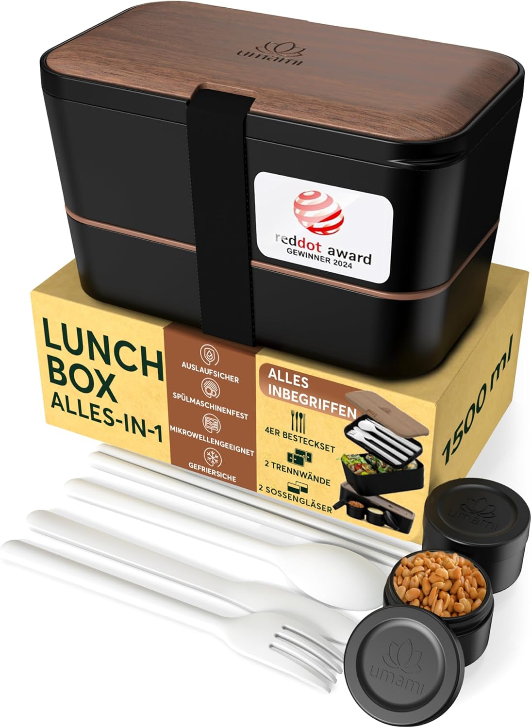 Umami Fiambrera para Adultos, Fiambrera Bento Apilable a Prueba de Fugas con 4 Cubiertos y Compartimentos, Fiambrera para Adultos, Ensalada para Llevar, Fiambrera para Picnic/Oficina, Gris Antracita, 1500ml Naty Shop Fiambreras para Alimentos Nogal Negro L - 1500ml Apilables Una Dentro De Otra