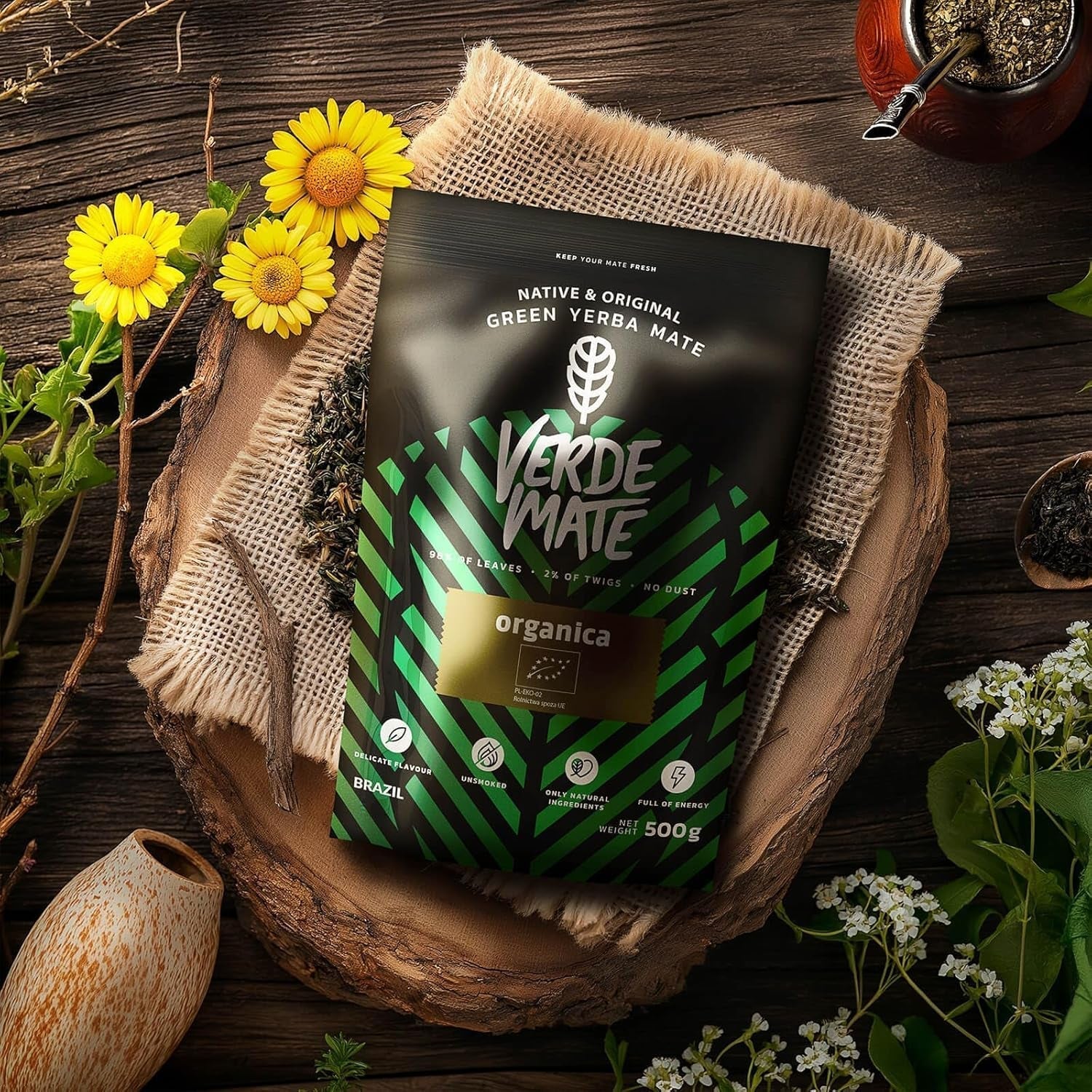 Verde Mate Green Orgánica 500 G – Yerba Mate Orgánica de Brasil – sin humo y cuidadosamente procesada 0,5 kg