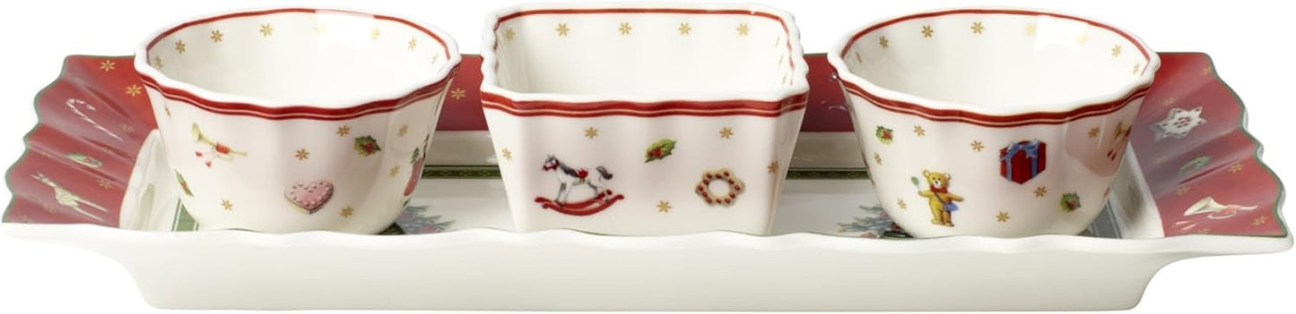 Villeroy & Boch - Toy's Delight Salsera, 4 piezas, fuente con cuencos, juego de salsas navideñas, decoración de mesa de juguete, bandeja para servir, cuencos, vajilla navideña, porcelana premium