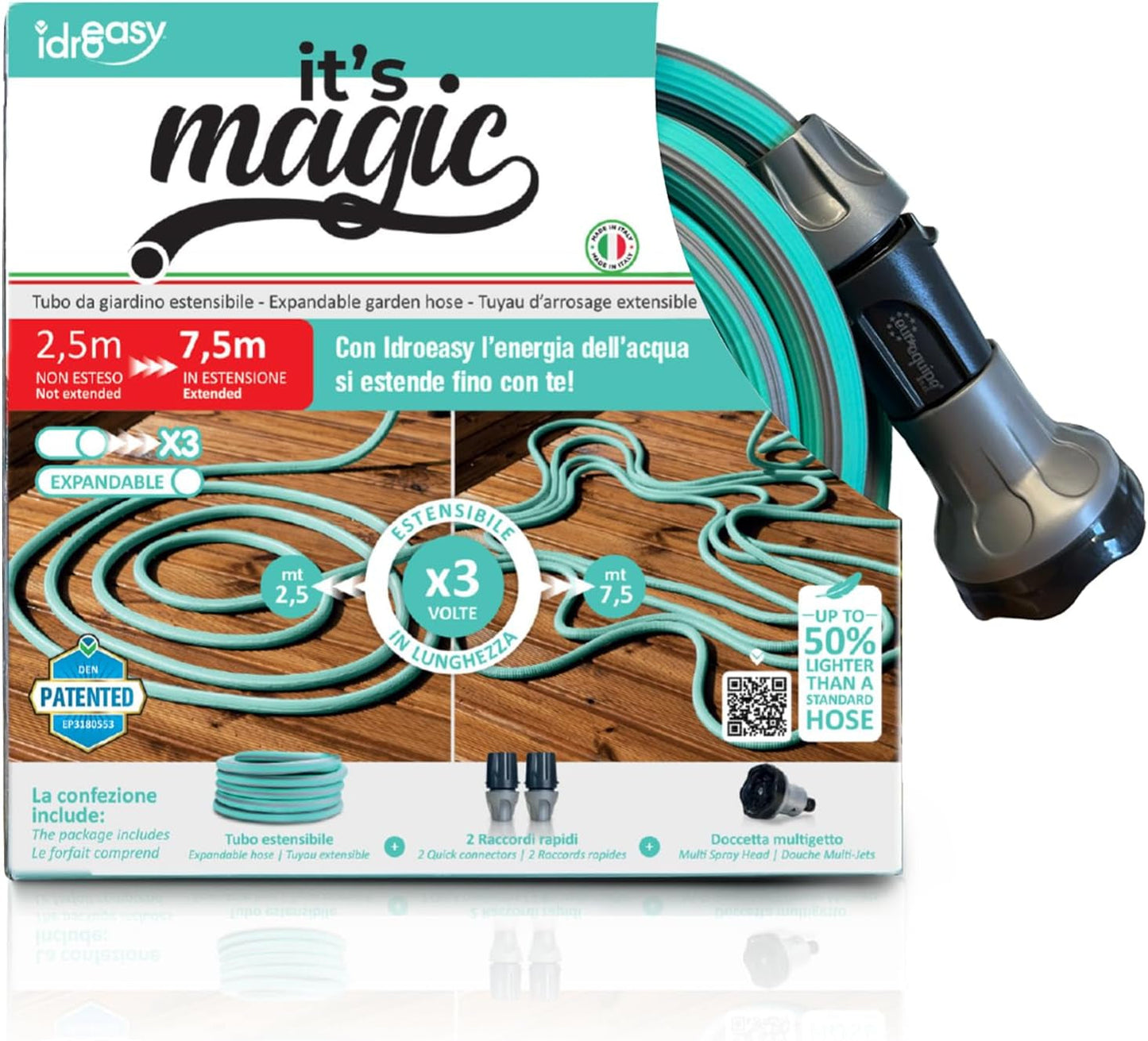 Manguera de jardín extensible hasta 7,5 metros, 1/2" (12,5 mm), con ducha de mano y 8 funciones, Idroeasy