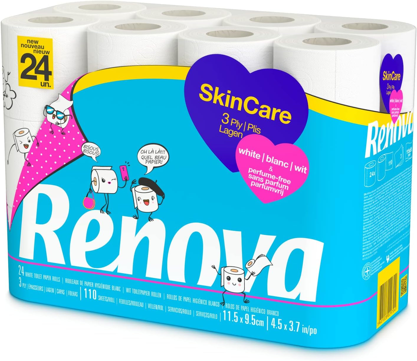 Papel higiénico Renova Skincare, 3 capas, blanco, 24 rollos
