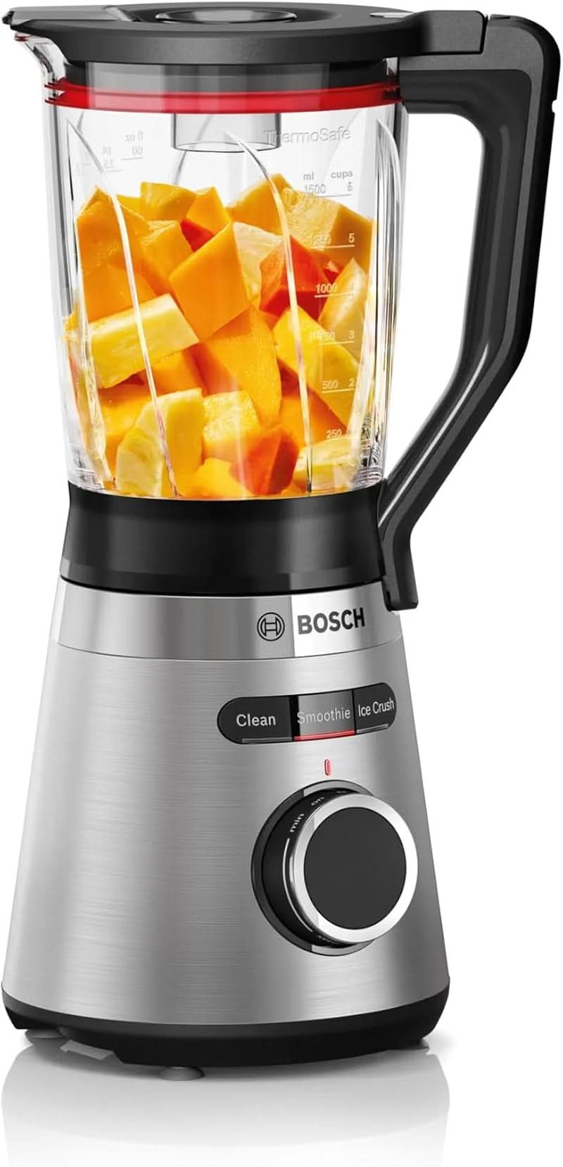 Bosch Batidora de pie Vitapower Serie 4 MMB6382M, Edelstahl-Klingen Made in Germany, 1,5L Thermosafe Glasbehälter, Stopfer, Sicherheitsdeckel, Spülmaschinengeeignete Teile, 30.000 U/Min, 1200 W, Edelstahl Kitchen Naty Shop
