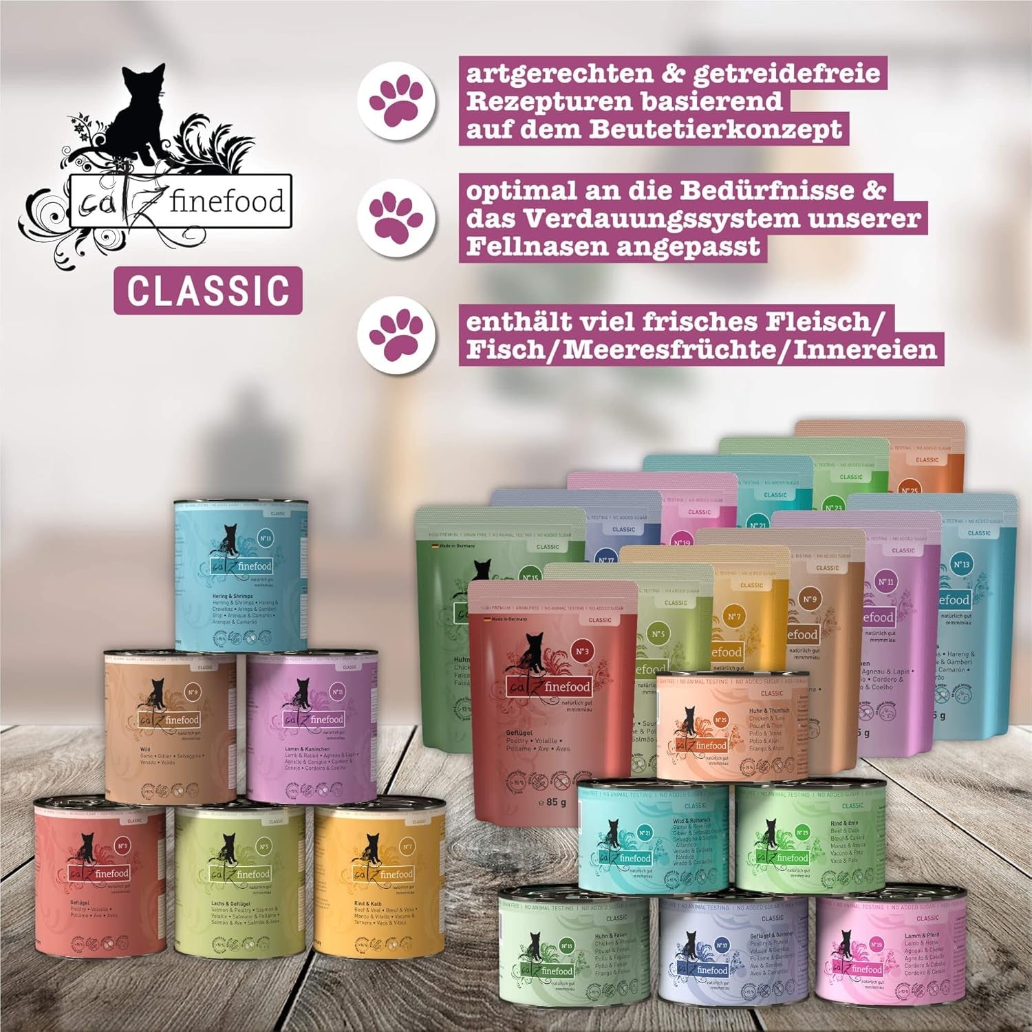 Catz Finefood Classic Collection Mixed Pack Comida Húmeda para Gatos - Comida húmeda gourmet para tu gato, sin cereales y sin azúcar, con alto contenido en carne, 24 sobres x 85g