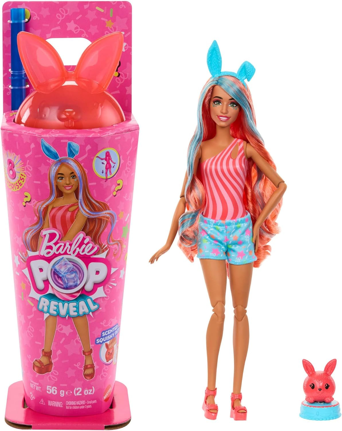 Barbie Pop Reveal Juego de muñecas y accesorios Serie Shakes Lindo gatito perfumado Muñeca y mascota de moda con 8 sorpresas que incluyen cambio de color JCN87