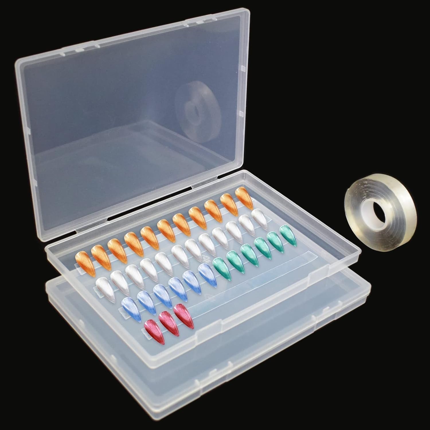 2 uds 30cm cinta adhesiva de doble cara caja de almacenamiento de uñas artificiales caja rectangular transparente cajas de embalaje de plástico contenedor de puntas de uñas uñas artificiales 21,8x15,5 cm