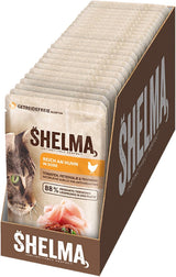 Shelma Comida húmeda para gatos con pollo en salsa de tomate y hierbas - Alimento completo sin cereales con alto contenido en carne - 28 x 85 g (2,38 kg)