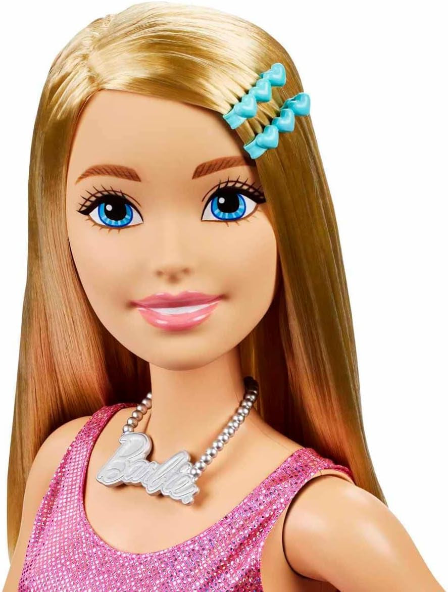 Muñeca Barbie extragrande (71 cm) - Vestido rosa, pelo rubio con clip y collar, regalo a partir de 3 años, HJY02