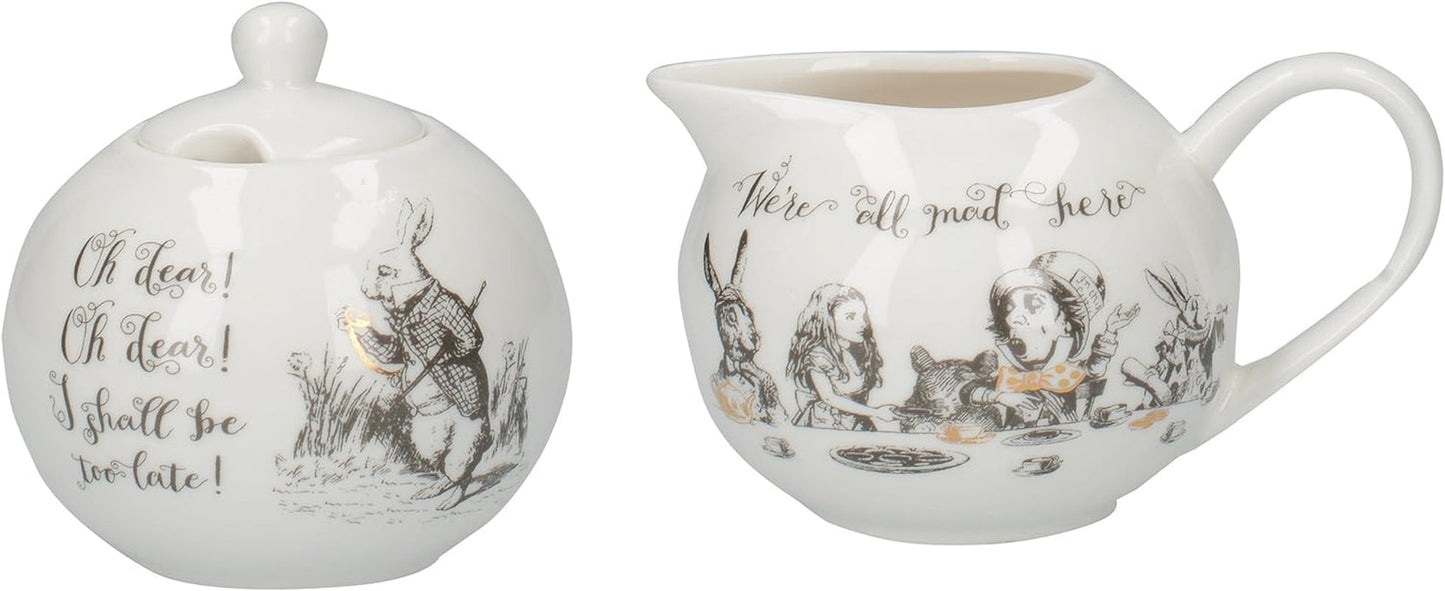 Tetera y jarra de leche de porcelana fina de Alicia en el País de las Maravillas, cuenco de porcelana y jarra de leche en una lujosa caja de regalo
