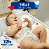 - Pañales talla 5 (12-25 kg) - Sanos y muy absorbentes - Protección contra fugas 12 horas - Sin sustancias no deseadas - Fabricado en Francia - Precio asequible - 120 pañales desechables