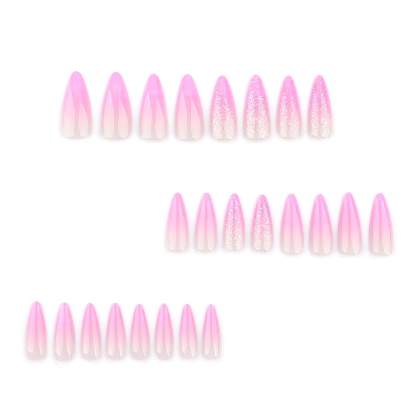 Mouyouglow-uñas largas Stiletto, color blanco lechoso, degradado, purpurina rosa, uñas postizas frescas con pegamento, uñas artificiales con purpurina rosa ombré