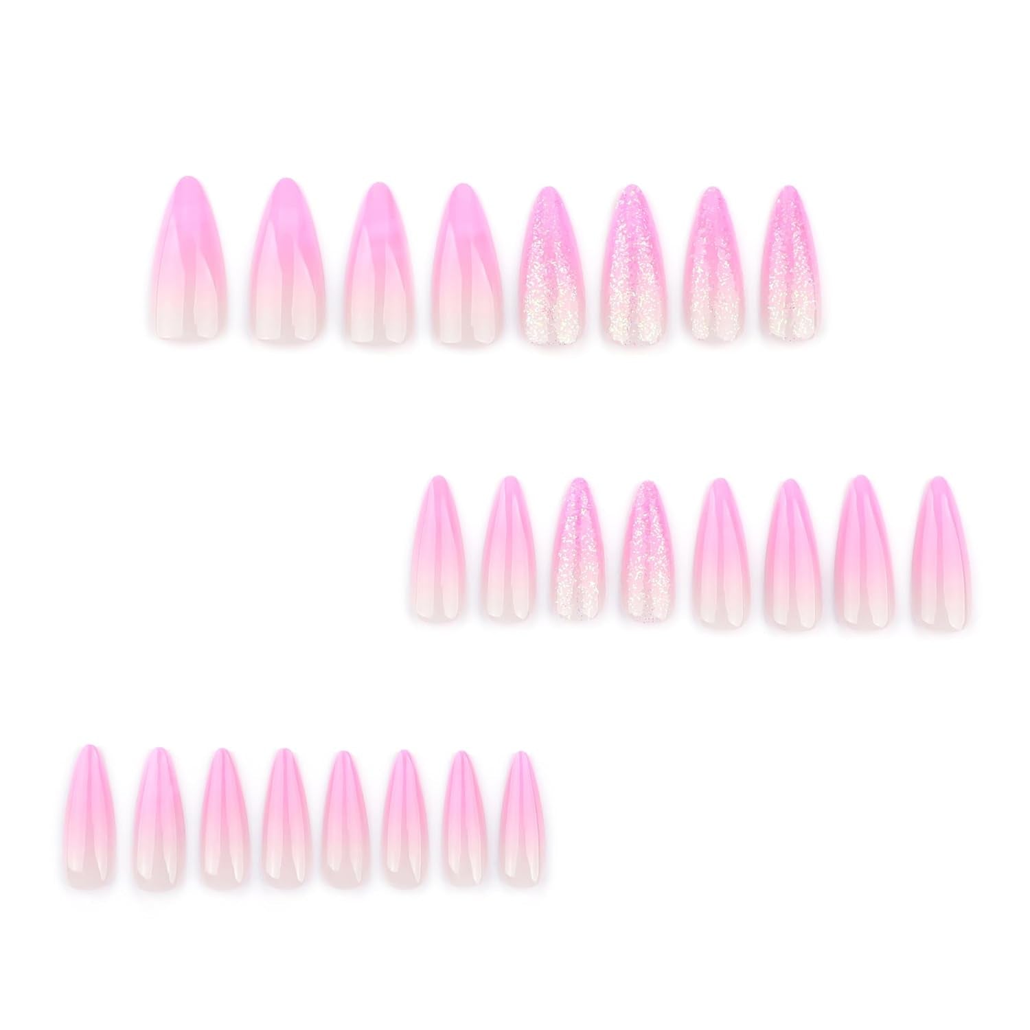 Mouyouglow-uñas largas Stiletto, color blanco lechoso, degradado, purpurina rosa, uñas postizas frescas con pegamento, uñas artificiales con purpurina rosa ombré