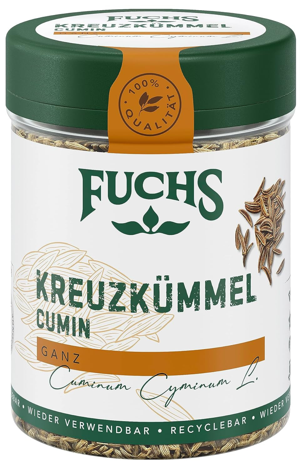 Fuchs Gewürze - Kreuzkümmel ganz - orientalisch-nussige Note für Falafel und Linsengerichte - ingredientes naturales - 60 g en wiederverwendbarer, recyclebarer Dosis