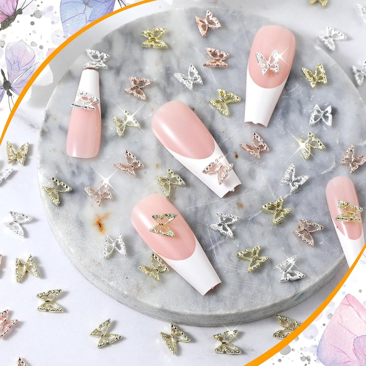 80 piezas 3D mariposa uñas encantos aleación mariposa oro plata brillo decoración uñas joyería accesorios DIY manicura para mujeres