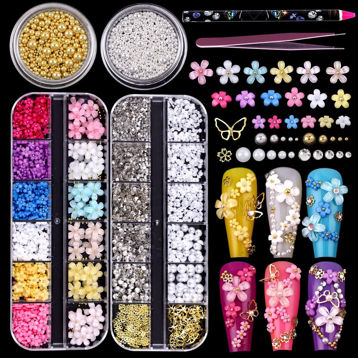 GZMAYUEN 920 Uds. Perlas planas doradas y plateadas para uñas, perlas de uñas color beige medio blanco, perlas pequeñas Halbrunde con parte posterior plana para decoración de uñas DIY