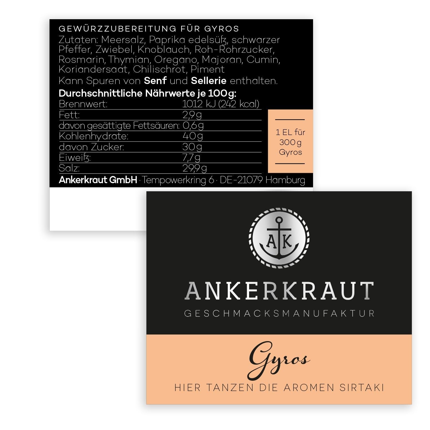Ankerkraut Gyros, Gewürzmischung für Gyros, egal ob aus der Pfanne oder vom Grill, mit Zwiebel, Knoblauch, Mejorana, Comino, Piment and mehr, 80 g im Korkenglas