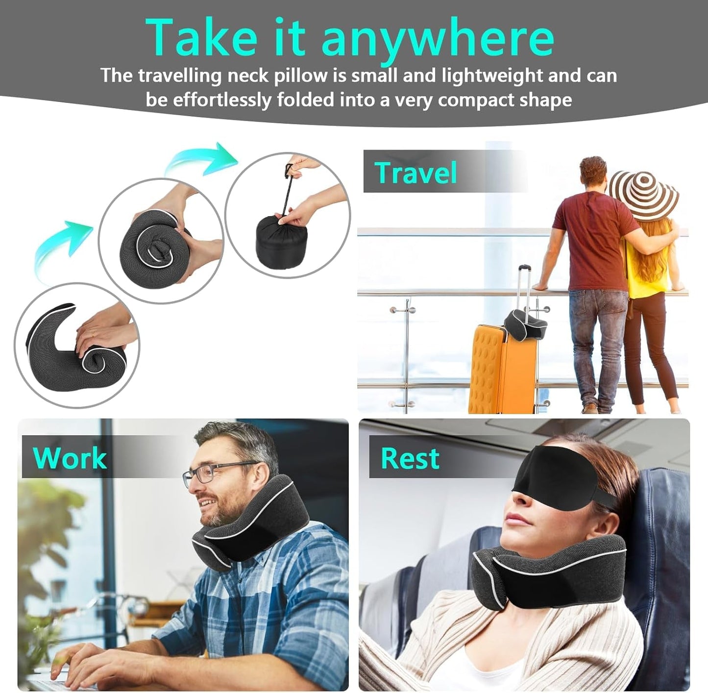 KILDOWS Almohada Cervical para Avión, Almohada de Viaje Viscoelástica, Almohada de Viaje para Avión con Antifaz y Tapones para los Oídos, Almohada Ortopédica para el Cuello, Ideal para Viajar en Avión, Coche, Tren Almohadas Ortopédicas Cervicales Naty Shop