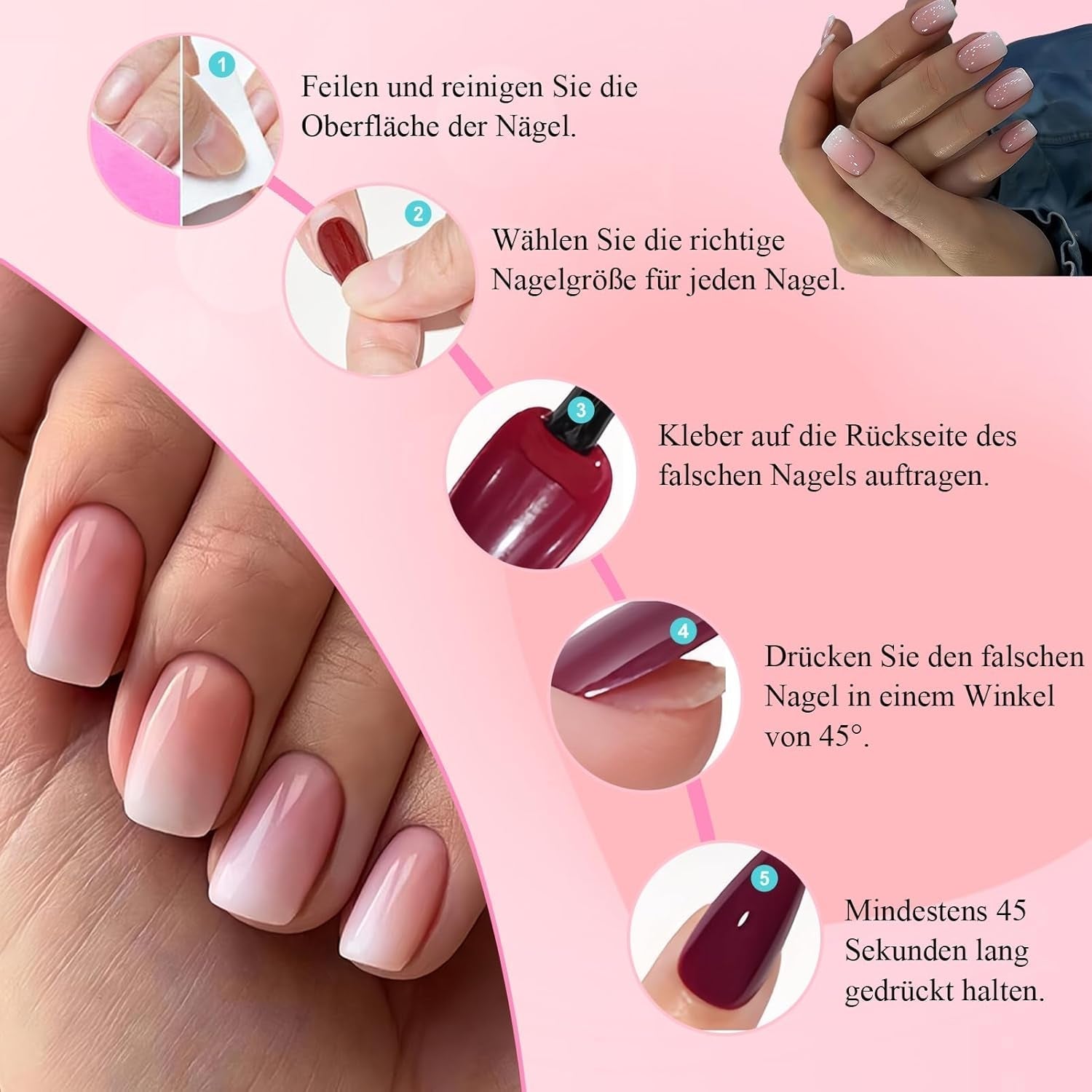 Kit de 360 ​​Piezas de Uñas Postizas - Uñas Postizas Degradadas Cortas, Color Rosa Desnudo y Blanco - Pegamento Cuadrado en Uñas Postizas - Uñas Autoadhesivas Brillantes de Cobertura Completa para Mujeres y Niñas (Cuadrado)