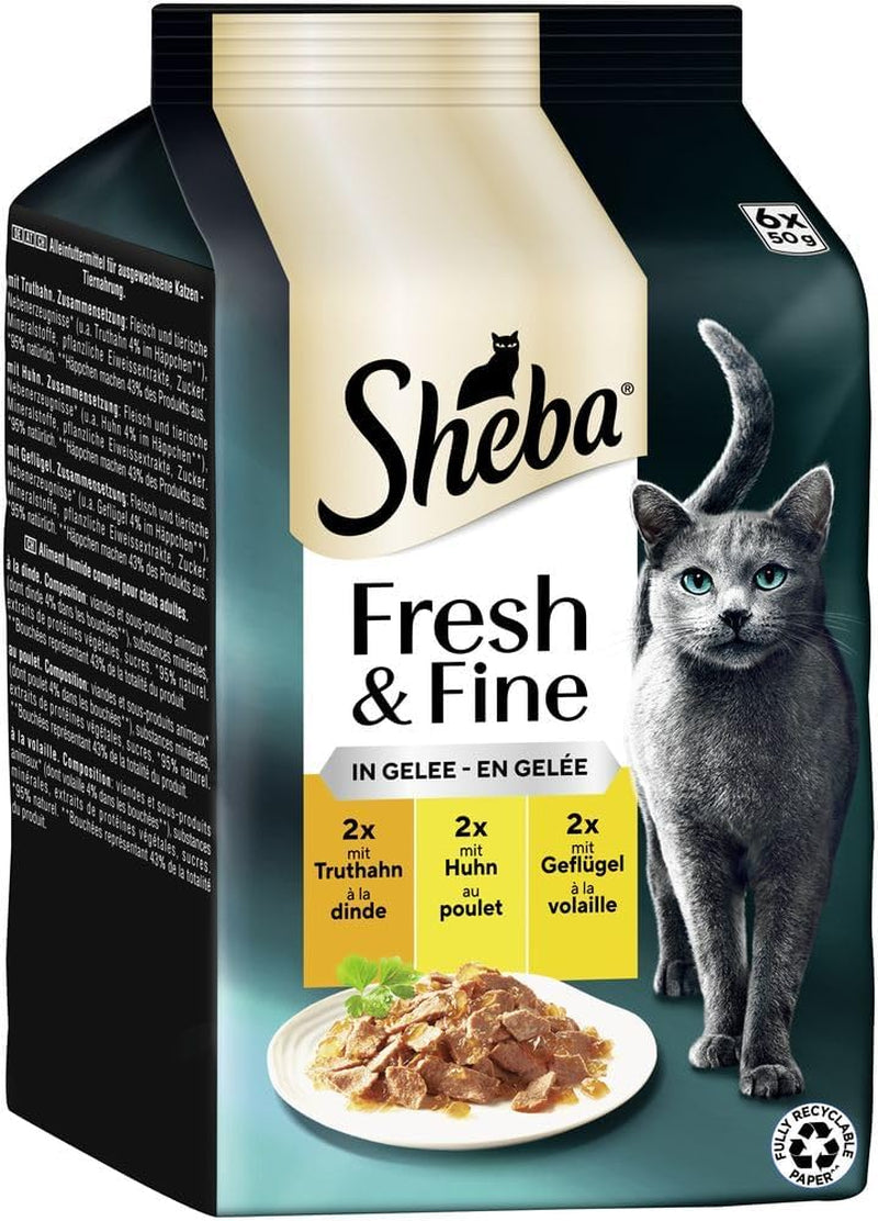 Sheba Portion Bags Comida húmeda para gatos, paquete múltiple de gelatina fresca y fina de pavo y pollo, 6x6x50 g - Comida para gatos con gelatina de pavo y pollo de alta calidad