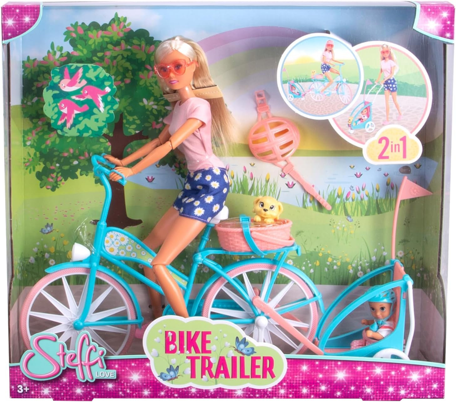 Steffi Love Bike Trailer, muñeca en bicicleta con remolque para bebé, perro y auriculares, a partir de 3 años