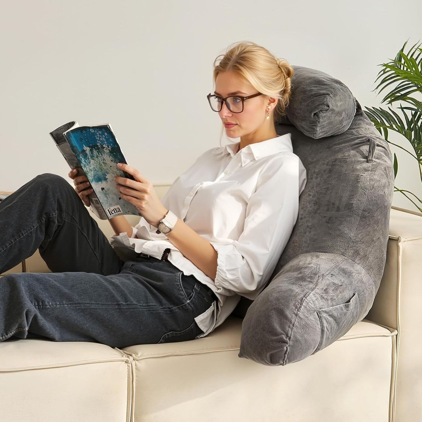VEVOR Almohada de lectura, almohada de cama (grande) con reposacabezas desmontable, almohada trasera de 3 bolsillos y tela de terciopelo corta lavable y espuma viscoelástica triturada, lateral con asa, para ver televisión, leer, jugar