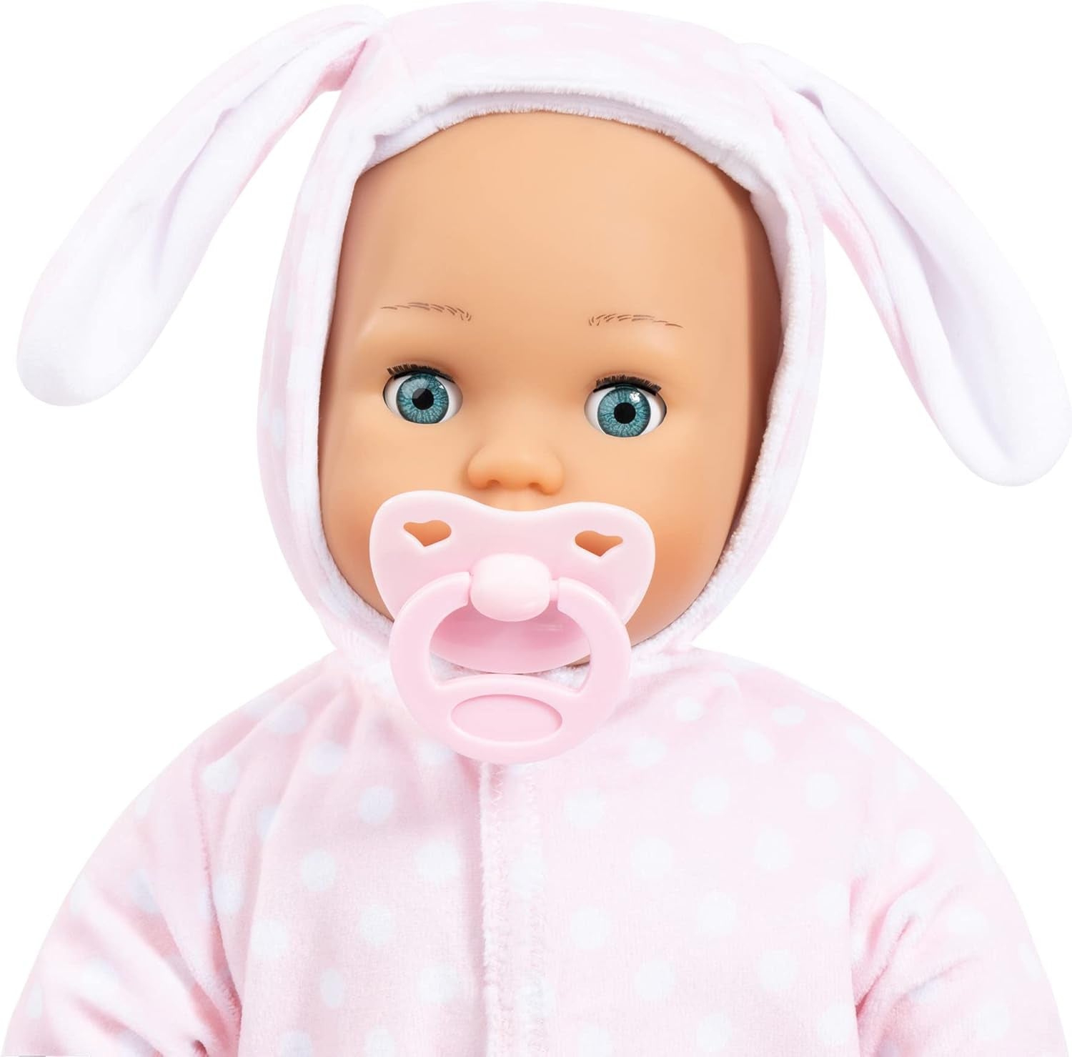 Bayer Design 93822AA Babypuppe Anna, spricht 24 Babylaute, weicher Körper, Schlafaugen, Schnuller, Flasche, 38 cm, rosa, Pequeño