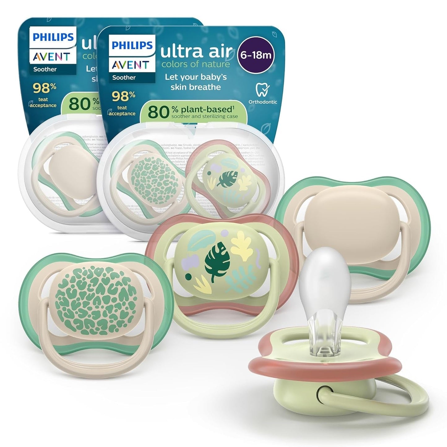Chupetes Philips AVENT ultra air - pack de 4 chupetes transpirables sin BPA para bebés de 6 a 18 meses, incluido estuche de transporte y esterilización, patrón tortuga/ballena (modelo SCF085/66)
